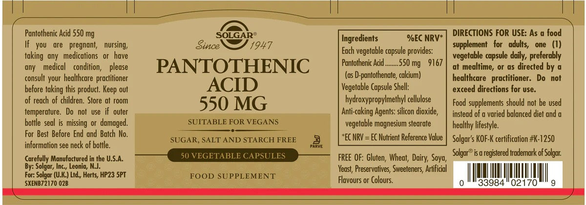 Ácido Pantoténico 550 mg 50 Cápsulas Vegetales