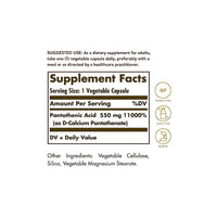 Thumbnail for Pantothenic Acid 550 mg 100 Vegetable Capsules - supplement facts