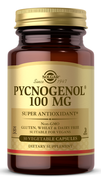 A bottle of Solgar Pycnogenol 100 mg 30 vege capsules, promoting brain health.