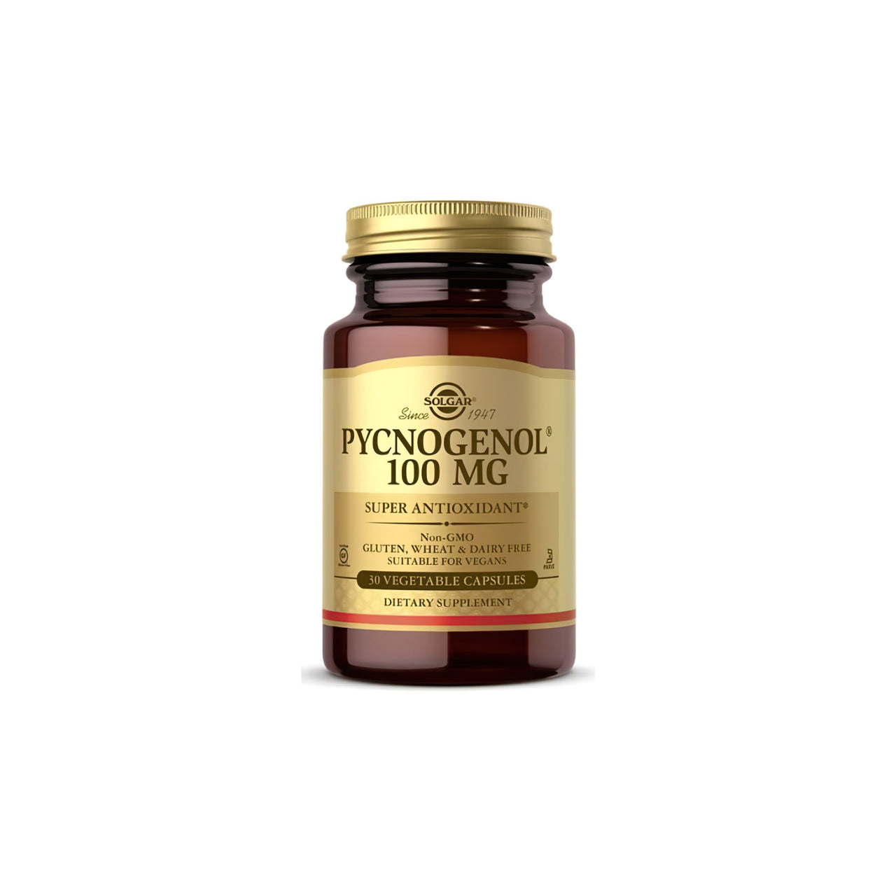 A bottle of Solgar Pycnogenol 100 mg 30 vege capsules, promoting circulatory system and brain health.