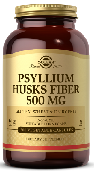 A bottle of Psyllium Husks Fiber 500 mg 200 vege capsules, promoting digestive system health and aiding in weight loss, by Solgar.