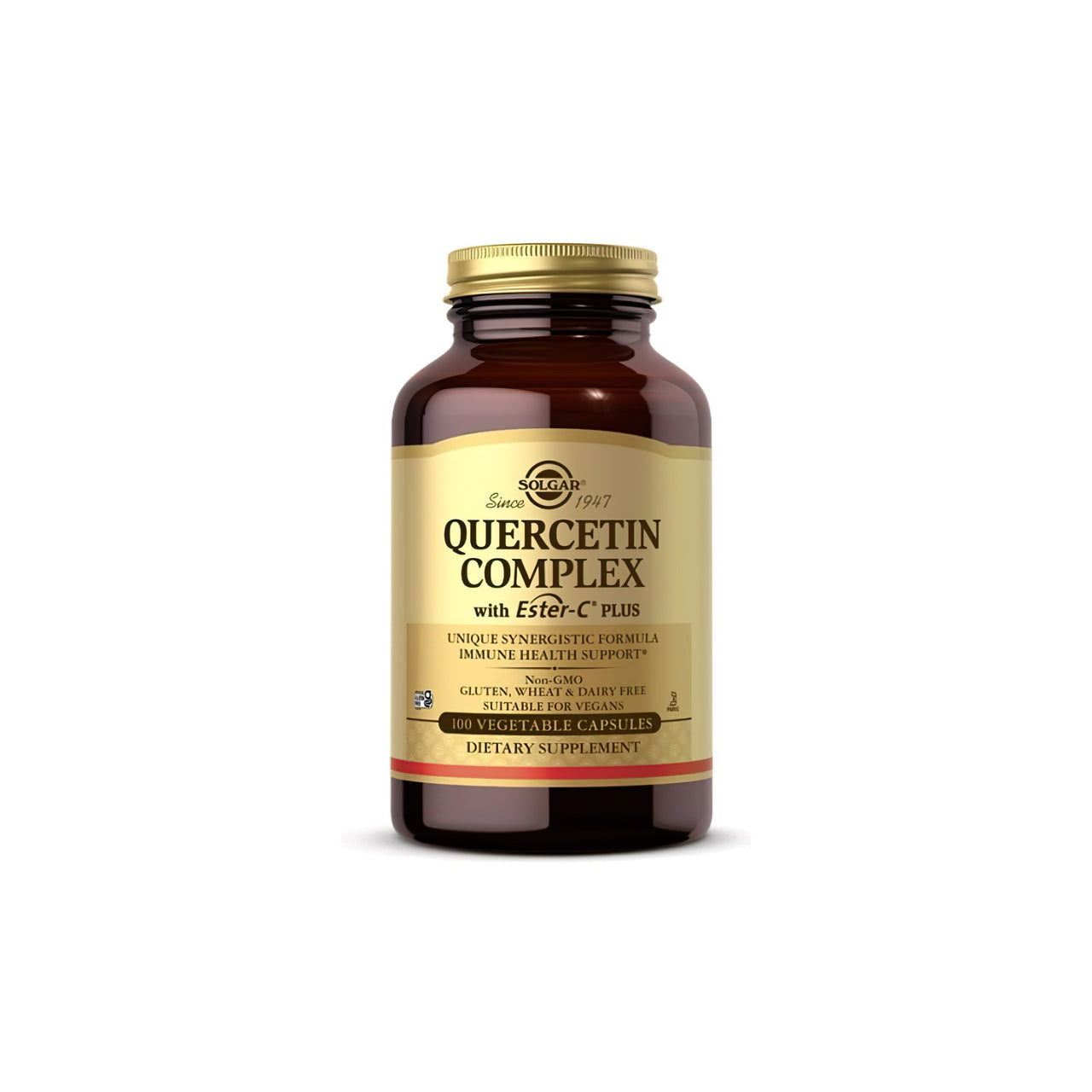 Solgar's Quercetin Complex with Ester-C Plus vegetable capsules is a powerful supplement that supports immune health. Packed with the goodness of vitamin C, each Solgar bottle contains 60 capsules to promote overall well-being.