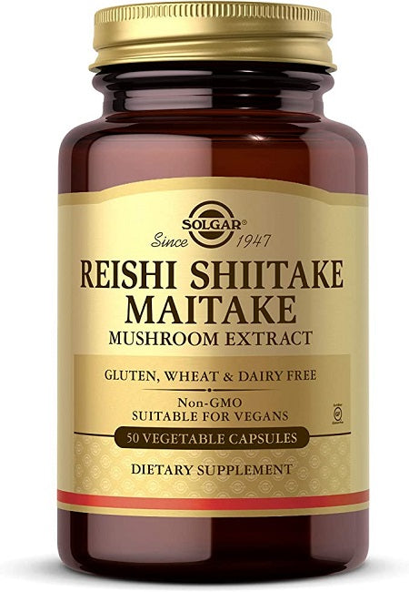 A bottle of Reishi Shiitake Maitake Mushroom Extract 50 Vegetable Capsules by Solgar.