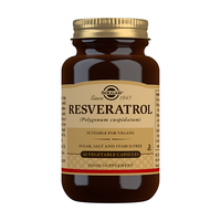 Thumbnail for A bottle of Solgar Resveratrol 100 mg, containing 60 vegetable capsules, is labeled as vegan and free of sugar, salt, and starch. This antioxidant-rich supplement offers valuable cardiovascular support.