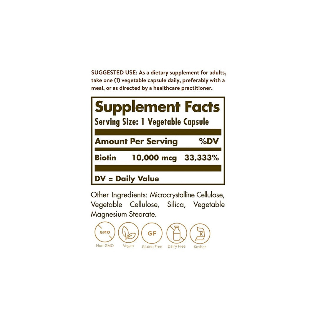 A label displaying the ingredients of Solgar's Biotin 10000 mcg 60 Vegetable Capsules dietary supplement.