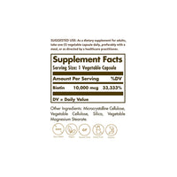 Thumbnail for A label displaying the ingredients of Solgar's Biotin 10000 mcg 60 Vegetable Capsules dietary supplement.