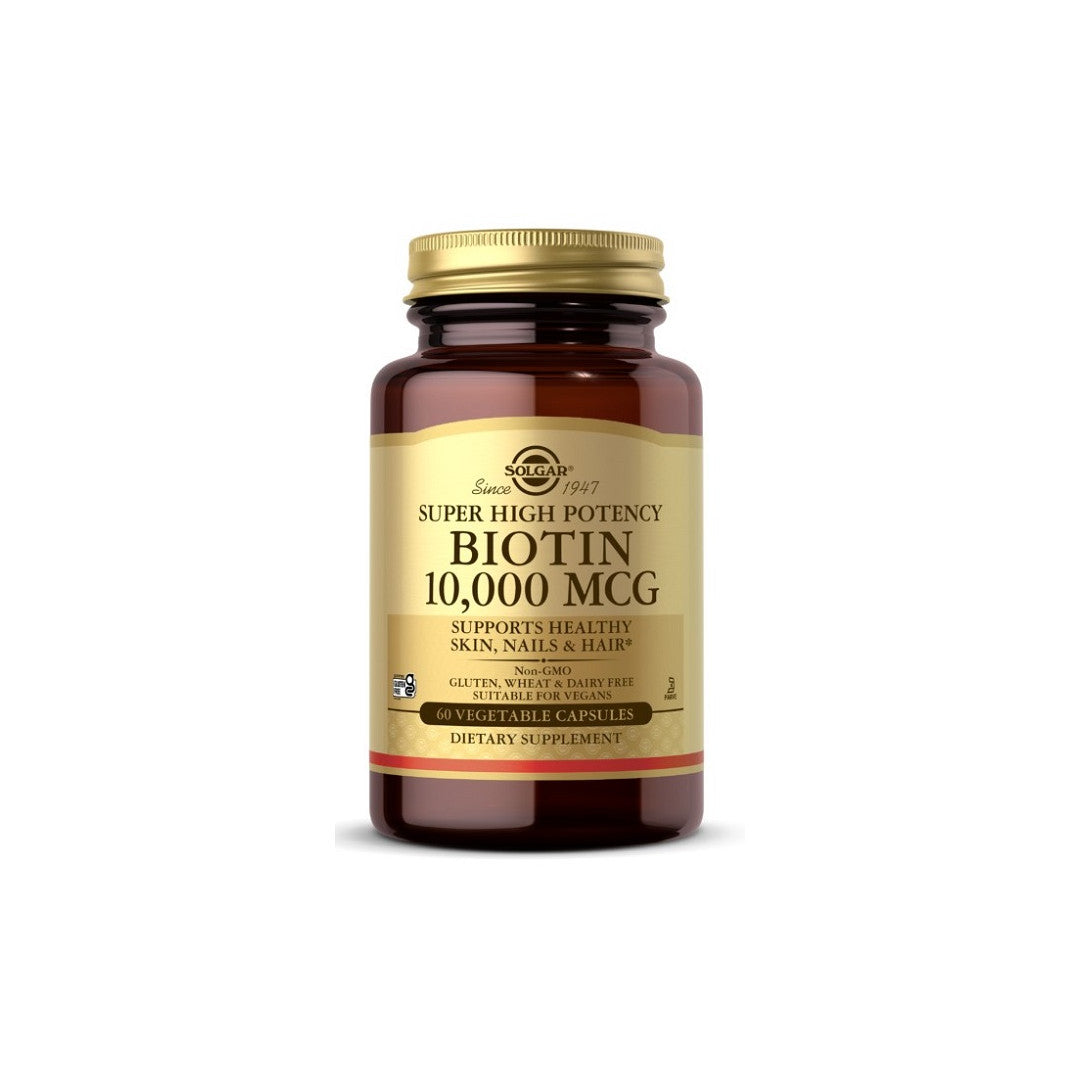 Solgar's dietary supplement featuring a bottle of Biotin 10000 mcg 60 Vegetable Capsules.