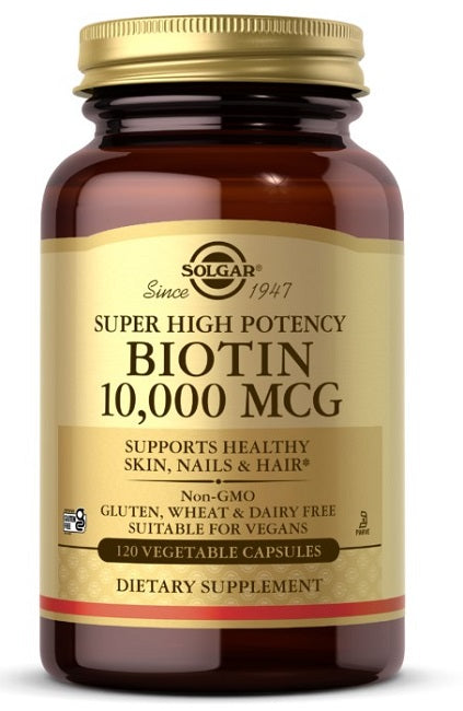 Super high potency dietary supplement with Biotin 10000 mcg in 120 Vegetable Capsules from Solgar.