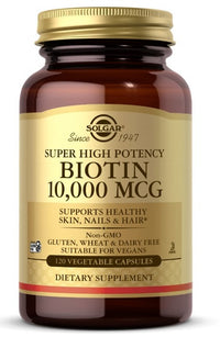 Thumbnail for Super high potency dietary supplement with Biotin 10000 mcg in 120 Vegetable Capsules from Solgar.