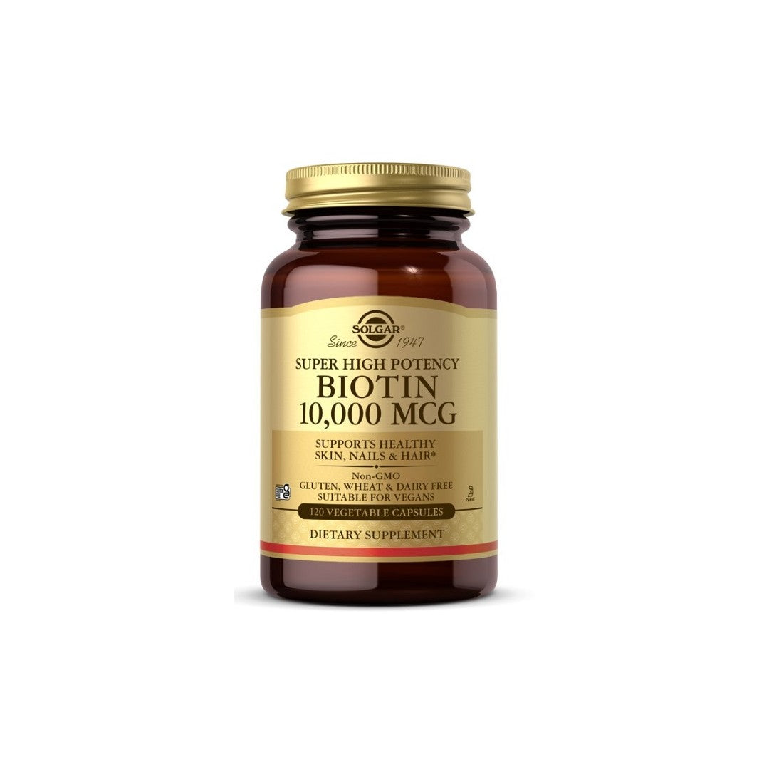 A dietary supplement bottle containing Biotin 10000 mcg 120 Vegetable Capsules.