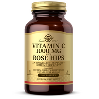 Thumbnail for A 100-tablet brown bottle of Solgar's Vitamin C 1000 mg with Rose Hips highlights antioxidant and immune support. It's non-GMO, gluten-free, wheat-free, dairy-free, vegan-friendly, and enhanced with rose hips for added benefits.