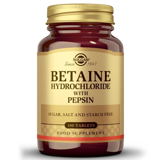Solgar Betaine Hydrochloride with Pepsin, 100 tablets, is a food supplement for digestive support. Sugar, salt, and starch free.