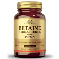 Thumbnail for Solgar Betaine Hydrochloride with Pepsin, 100 tablets, is a food supplement for digestive support. Sugar, salt, and starch free.