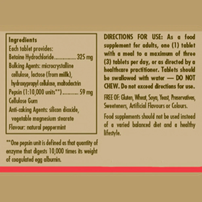 Solgar Betaine Hydrochloride with Pepsin 100 Tablets label lists digestive support ingredients, usage directions, allergy details, and advises to swallow tablets with water without exceeding 3 daily.