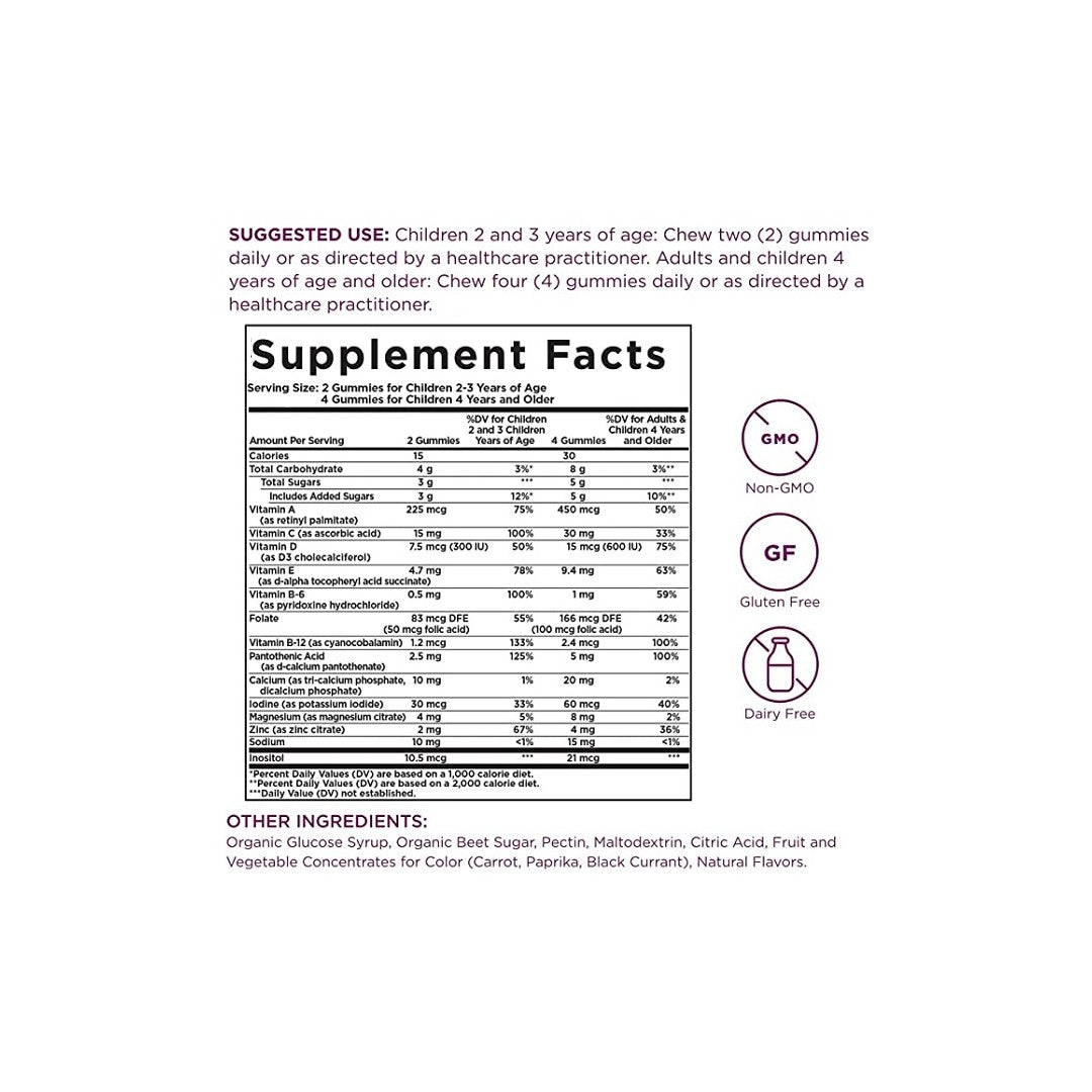 A nutrition label for Solgar U-Cubes Children's Multi-Vitamin and Mineral 60 Gummies that supports the proper development of the child and immunity.
