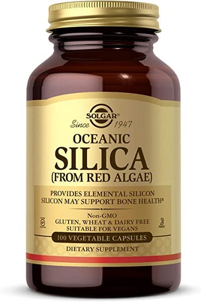 A bottle of Oceanic Silica 25 mg 100 Vegetable Capsules from Solgar, promoting healthy hair, nails, and bone and joint system.