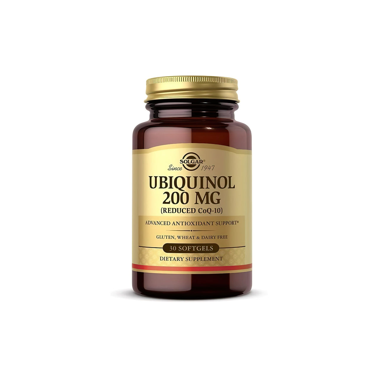 Solgar Ubiquinol 200mg (Reduced CoQ-10) 30 Softgels capsules on a white background. Experience the benefits of CoQ10 with this powerful Solgar product.