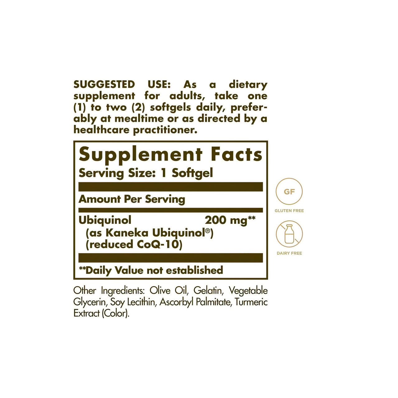 A product description of Solgar Ubiquinol 200 mg (Reduced CoQ-10) 30 Softgels, a supplement label showing the ingredients including CoQ10.