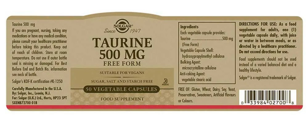 Taurine 500 mg 50 Vegetable Capsules