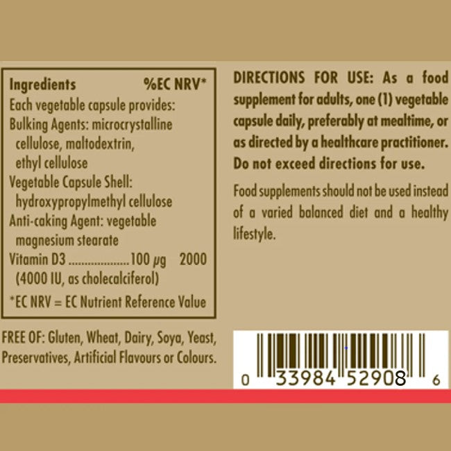 Vitamina D3 (Colecalciferol) 4000 UI (100 mcg) 120 Cápsulas Vegetales