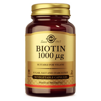 Thumbnail for Solgar Biotin 1000 mcg (50 vegetable capsules) supports healthy hair, skin, and nails. Suitable for vegans and free from sugar, salt, and starch.