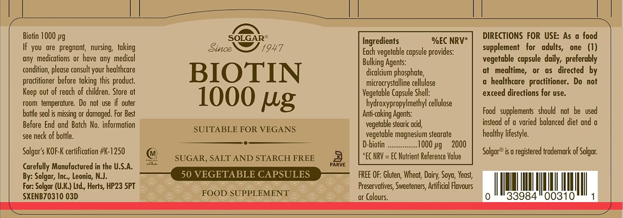 Solgar Biotin 1000 mcg, 50 vegetable capsules, provides vitamin B7 to support healthy hair, skin & nails. Suitable for vegans; free of sugar, salt, and starch. Includes directions, ingredients & supplement facts on label.