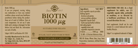 Thumbnail for Solgar Biotin 1000 mcg, 50 vegetable capsules, provides vitamin B7 to support healthy hair, skin & nails. Suitable for vegans; free of sugar, salt, and starch. Includes directions, ingredients & supplement facts on label.