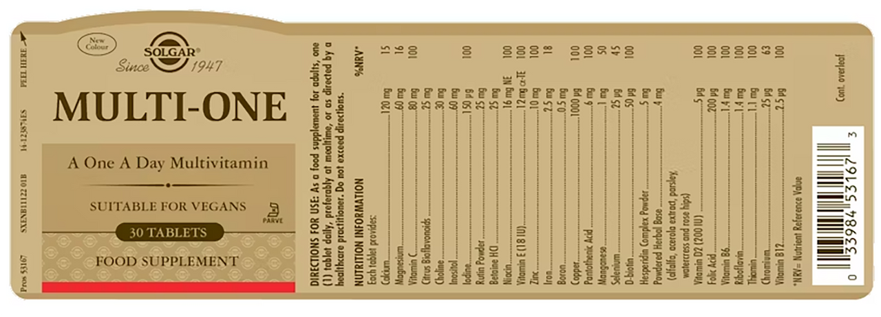 Label of the Swanson Multi One 30 Tablets multivitamin supplement bottle. It includes product name, serving size information, a comprehensive list of vitamins and minerals for immune system support, directions for use, suitability for vegans, and a barcode.