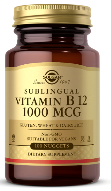 Description: Solgar's Sublingual Vitamin B12 1000 mcg 100 nuggets Cyanocobalamin promotes brain function and supports the production of red blood cells.