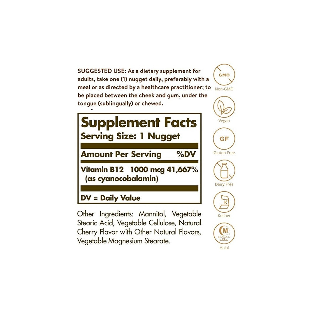 The back of a Solgar supplement label provides information on Vitamin B12 1000 mcg 100 nuggets Cyanocobalamin and its impact on red blood cells and brain function.