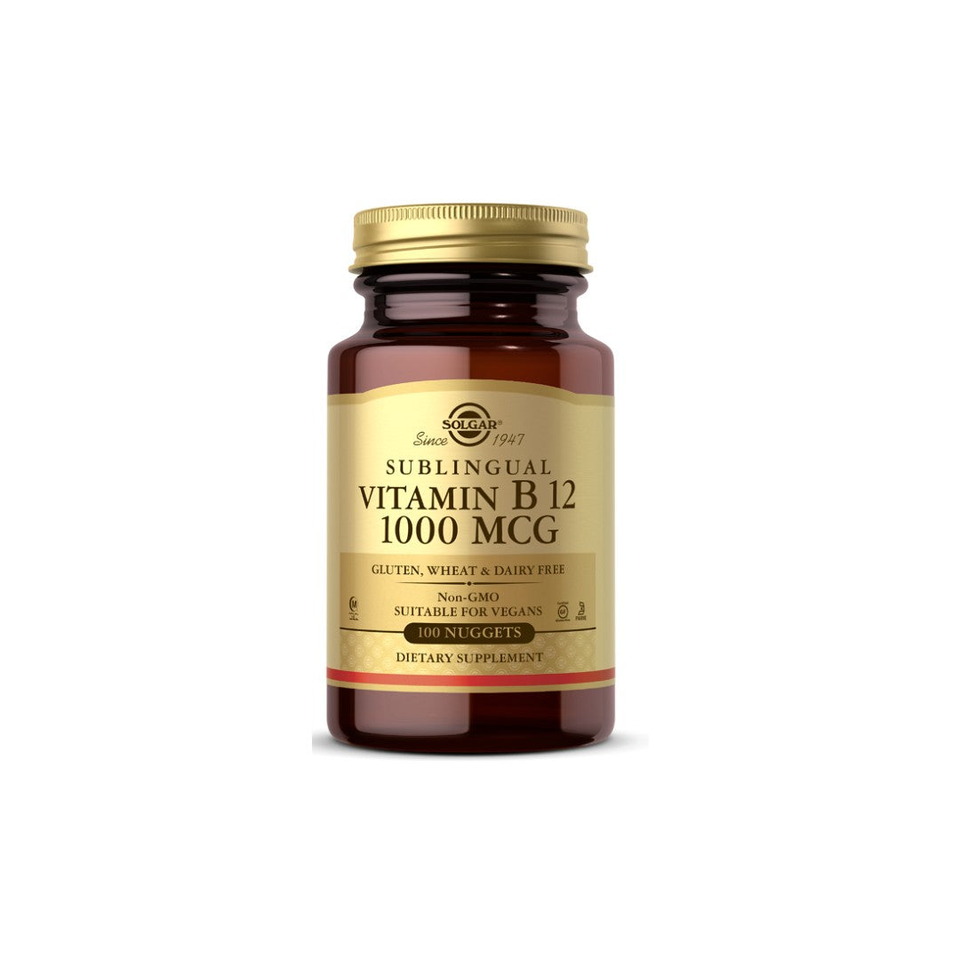 Promote optimal brain function and increase red blood cell production with our high potency Solgar Vitamin B12 1000 mcg 100 nuggets Cyanocobalamin supplement.
