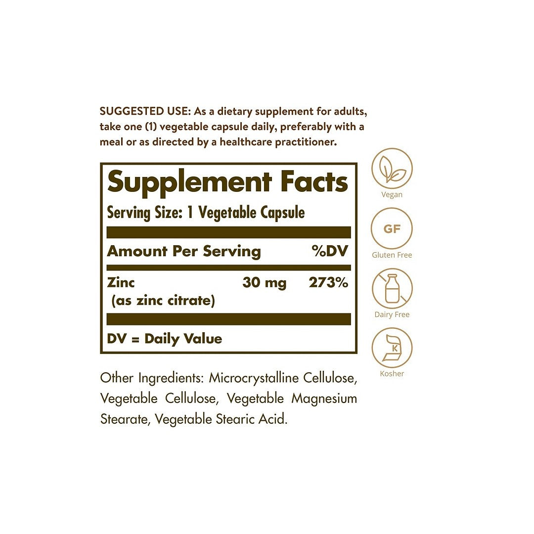 Zinc Citrate 30 mg 100 Vegetable Capsules solgar - supplement facts