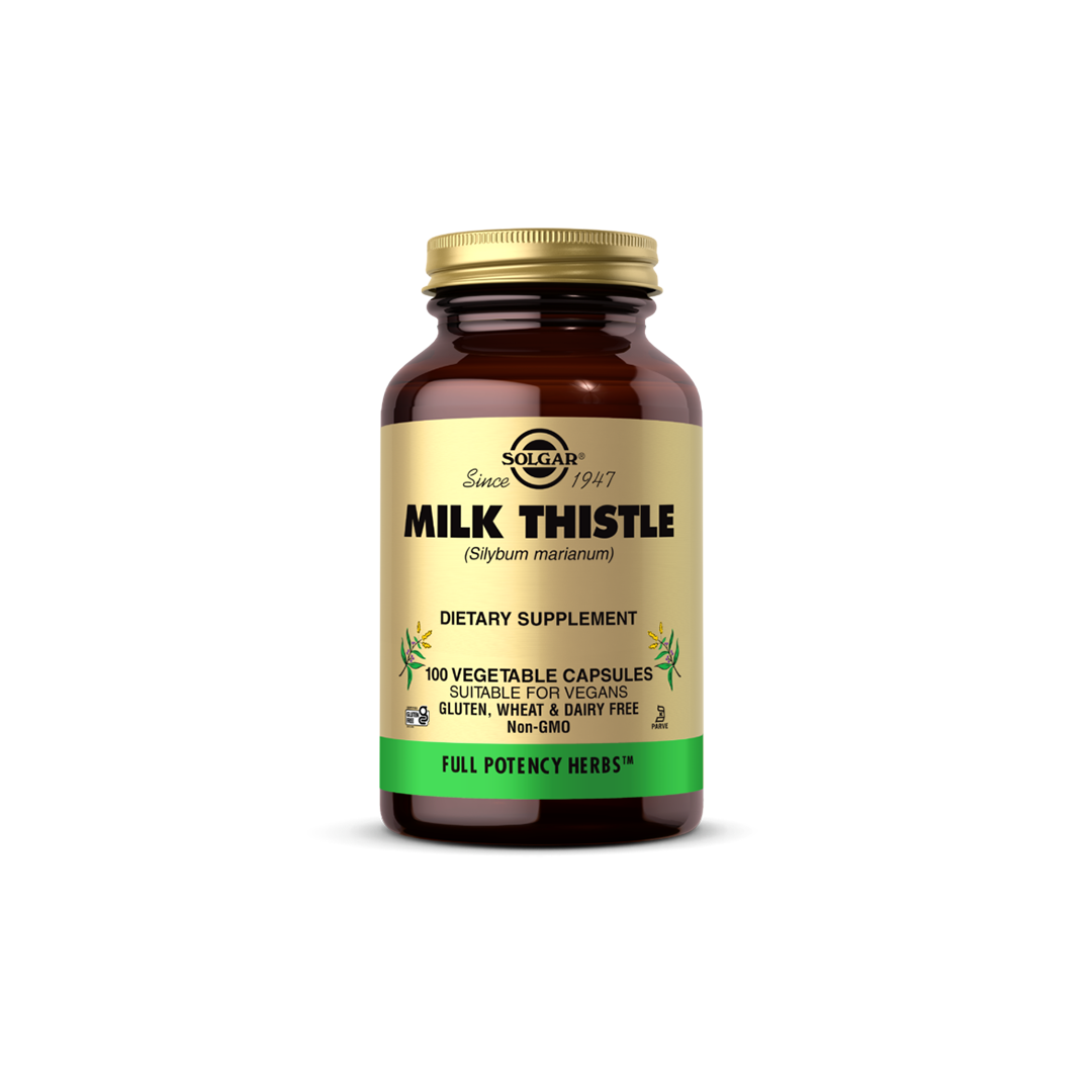 A bottle of Solgar FP Milk Thistle, containing 450 mg of milk thistle per serving to support liver health, consists of 100 vegetable capsules.