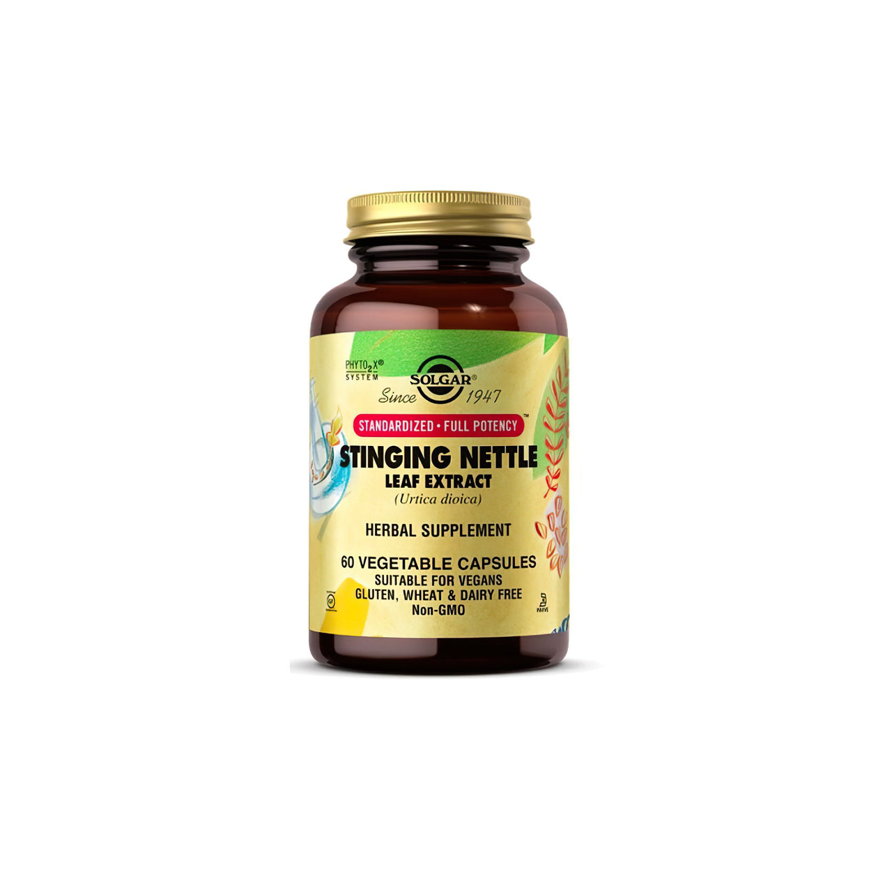 A bottle of Stinging Nettle Leaf Extract 60 vegetable capsules by Solgar that promotes metabolism and aids in weight loss.