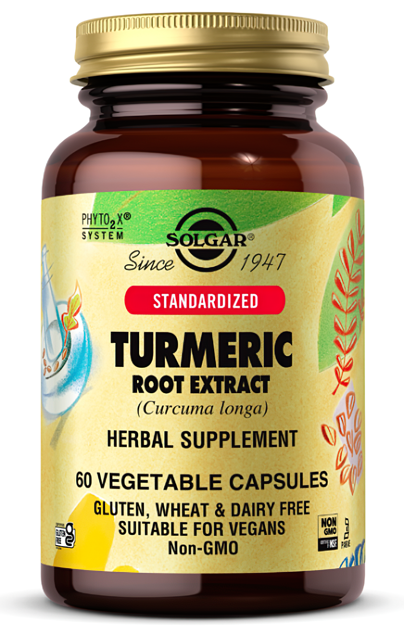 A bottle of Standardized Turmeric Root Extract 400 mg 60 Vegetable Capsules, known for its health-promoting properties and antioxidant support, by Solgar.