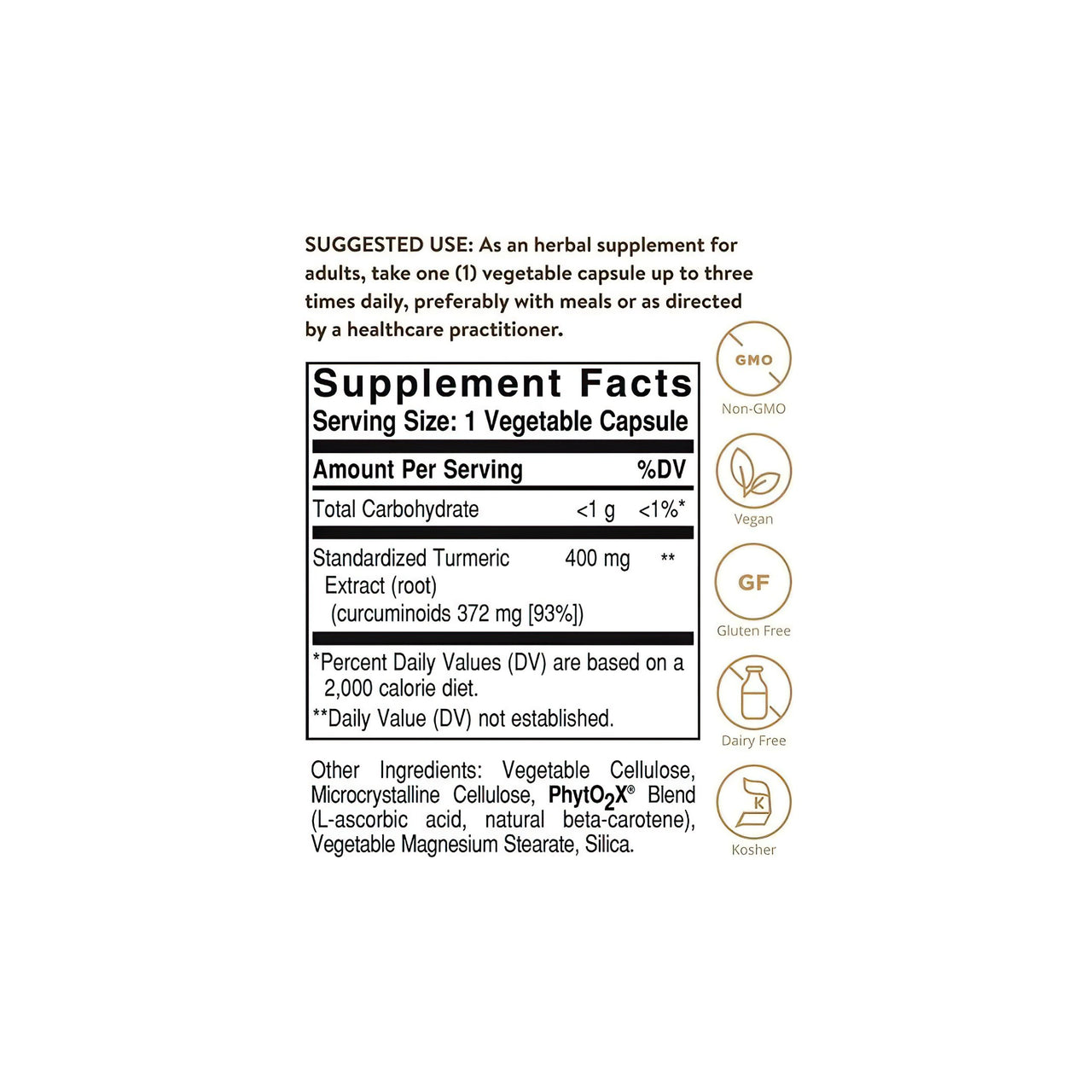 Standardized Turmeric Root Extract 400 mg 60 Vegetable Capsules - supplement facts