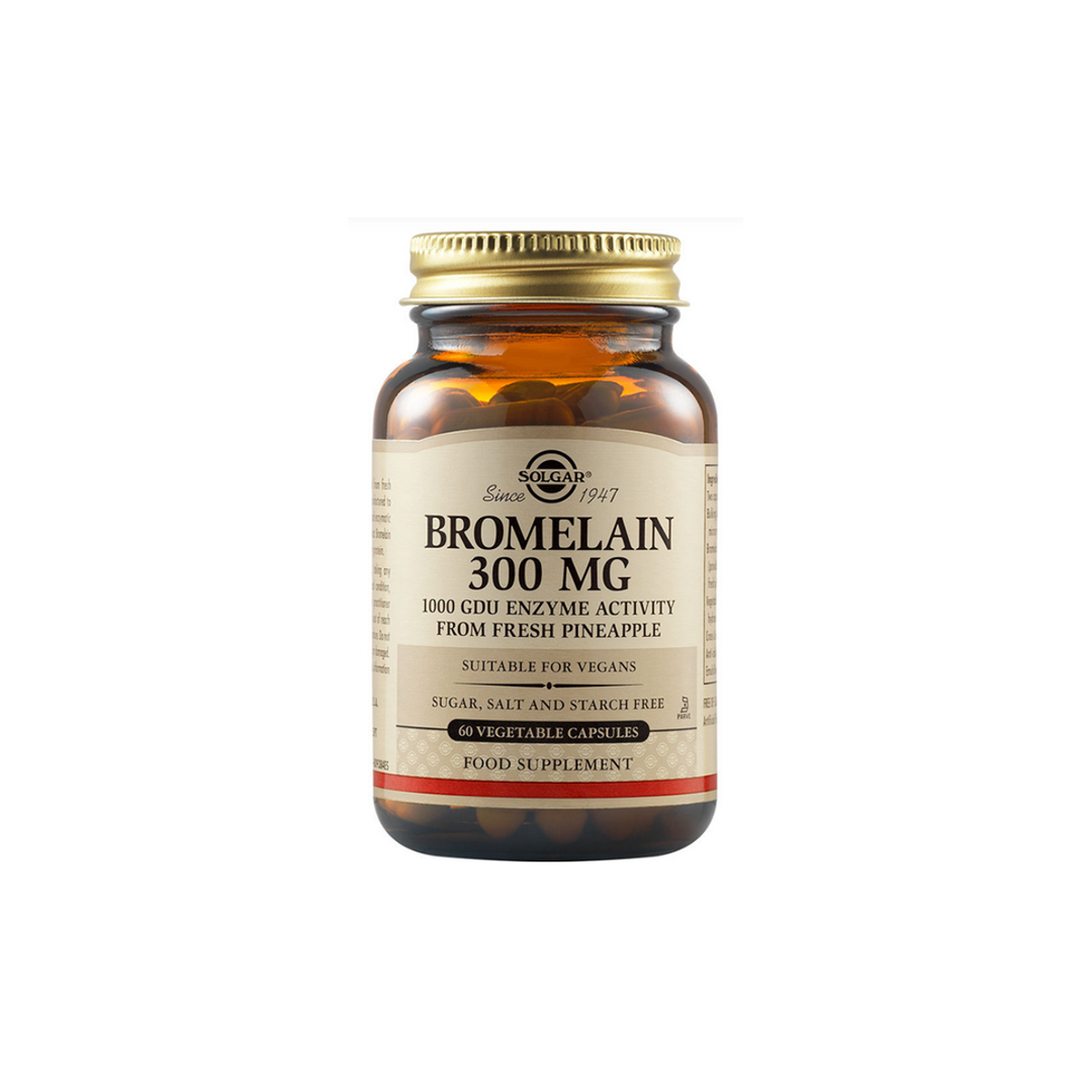 Solgar Bromelain 300 mg comes in a brown glass bottle with 60 vegetable capsules, providing a vegan supplement from fresh pineapple for digestive support, free from sugar, salt, and starch.