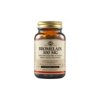 Thumbnail for Solgar Bromelain 300 mg comes in a brown glass bottle with 60 vegetable capsules, providing a vegan supplement from fresh pineapple for digestive support, free from sugar, salt, and starch.