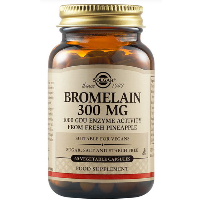 Solgar Bromelain 300 mg comes in a brown glass bottle with 60 vegetable capsules. This digestive support supplement is vegan and free from sugar, salt, and starch.