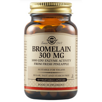 Thumbnail for Solgar Bromelain 300 mg comes in a brown glass bottle with 60 vegetable capsules. This digestive support supplement is vegan and free from sugar, salt, and starch.