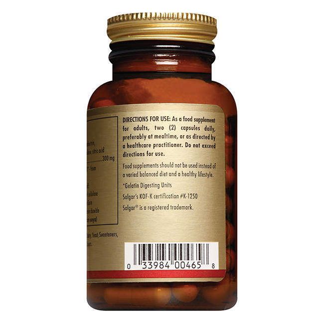 Solgar Bromelain 300 mg comes in a brown glass bottle with a gold cap, containing 60 vegetable capsules. The label includes usage directions, barcode, and product details for digestive support.