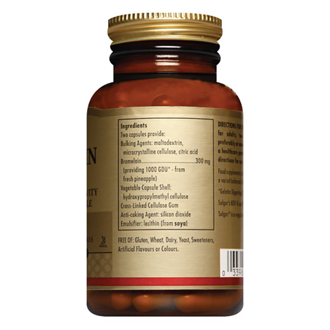 A brown Solgar Bromelain 300 mg bottle with a gold cap lists ingredients and product details, highlighting the digestive support benefits of this 60 vegetable capsule supplement.