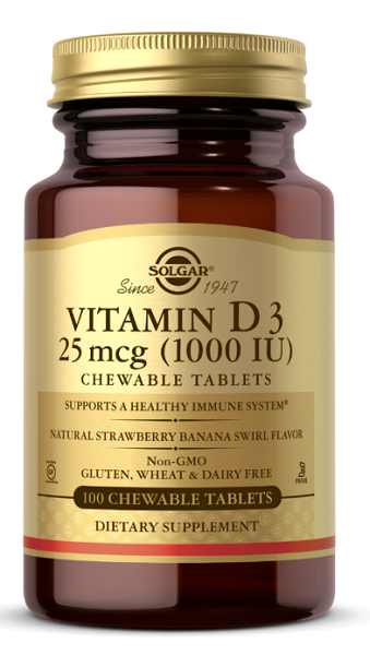 Solgar Vitamin D3 1000 IU 100 chewable tablets natural strawberry banana swirl flavor essential for a healthy immune system, bones, and teeth.