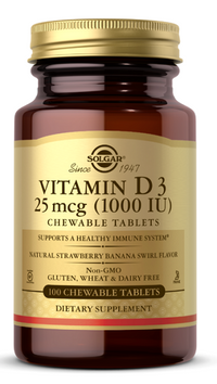 Thumbnail for Solgar Vitamin D3 1000 IU 100 chewable tablets natural strawberry banana swirl flavor essential for a healthy immune system, bones, and teeth.