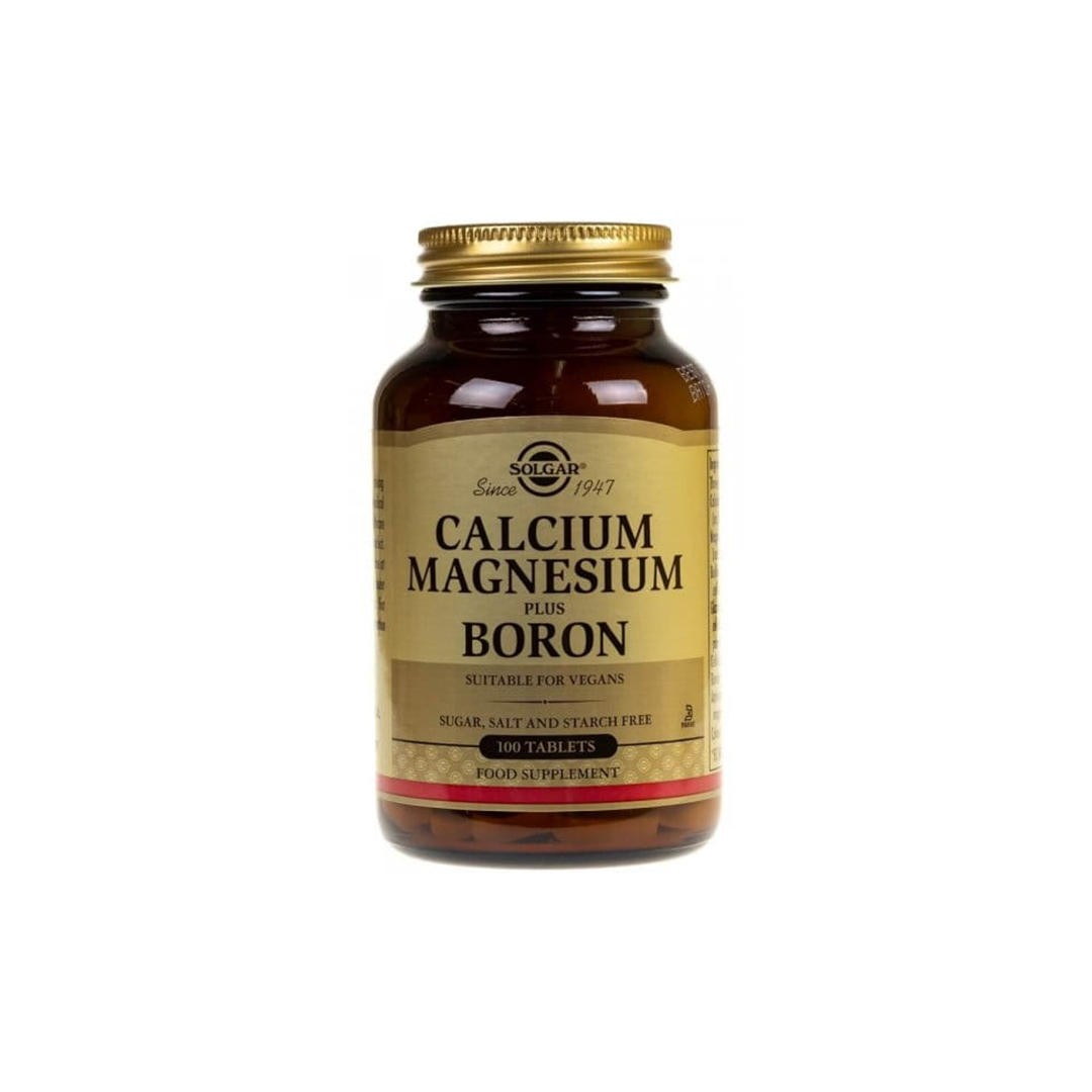 Solgar Calcium Magnesium plus Boron 100 Tablets is a dietary supplement that supports bone health, with vegan tablets in a brown glass bottle.