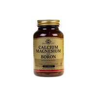 Thumbnail for Solgar Calcium Magnesium plus Boron 100 Tablets is a dietary supplement that supports bone health, with vegan tablets in a brown glass bottle.