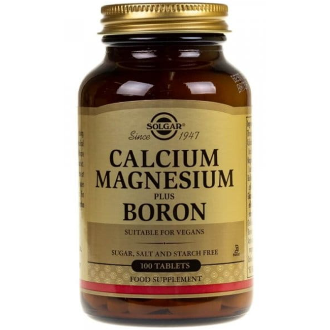 Solgar Calcium Magnesium plus Boron 100 Tablets is a vegan dietary supplement, free from sugar, salt, and starch, designed to support bone health.