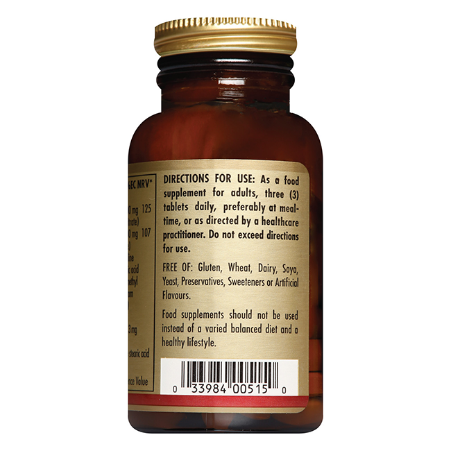 Brown glass bottle labeled Solgar Calcium Magnesium plus Boron 100 Tablets, showing directions for use and listing that it is free from gluten, wheat, dairy, soy, and preservatives.