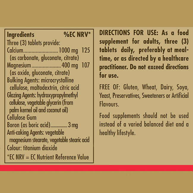 Supplement facts label lists ingredients, directions, and allergens. Solgar Calcium Magnesium plus Boron 250 Tablets is a dietary supplement for busy lifestyles—not a substitute for a balanced diet and healthy lifestyle.