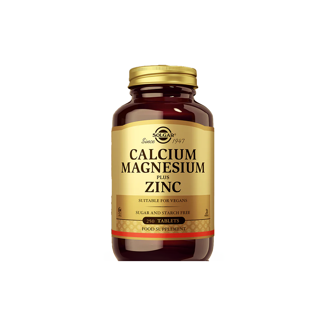 Solgar Calcium Magnesium plus Zinc, 250 tablets, vegan-friendly dietary supplement.